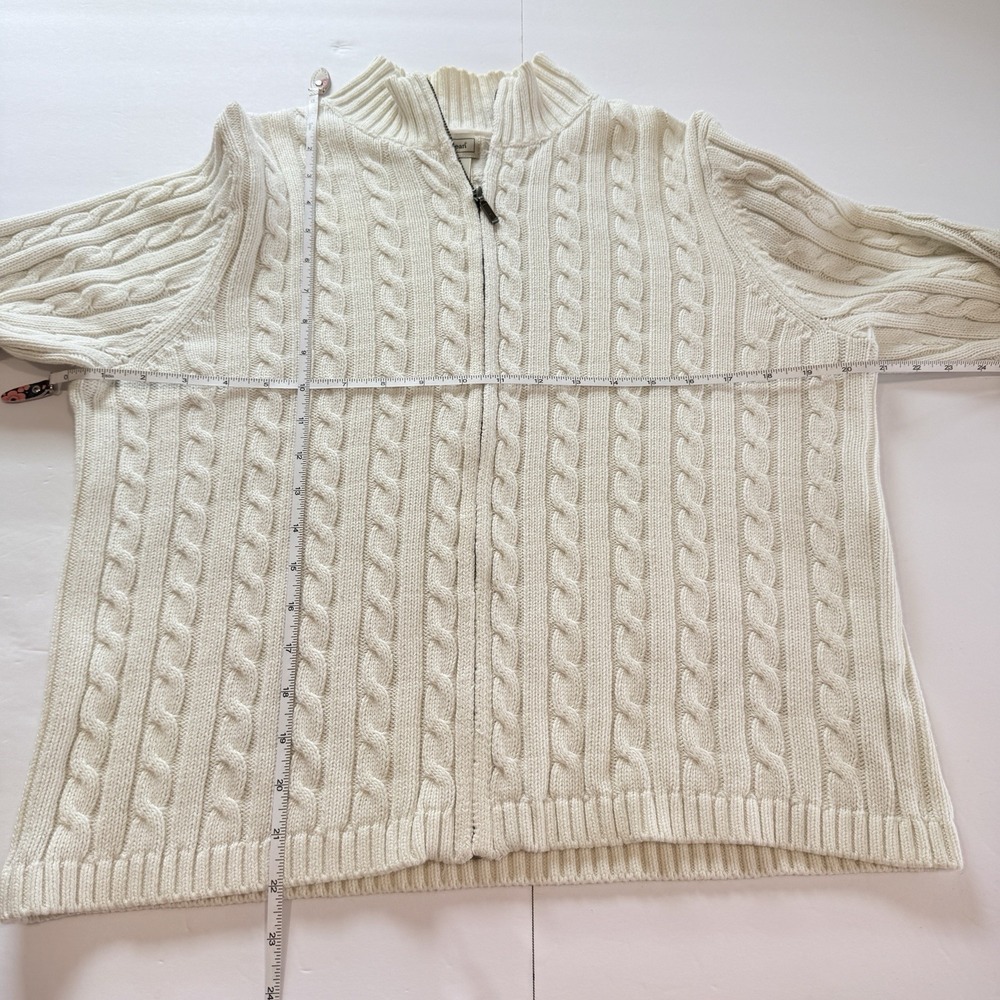 LL Bean Ivory Mock Neck Full Zip Cable Cotton Cardigan Sweater Size LARGE - Picture 7 of 9